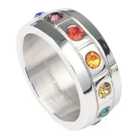 Pride Shack - Rainbow CZ Blocks Ring - LGBT Lesbian Gay Pride Ring Steel - Picture 1 of 1